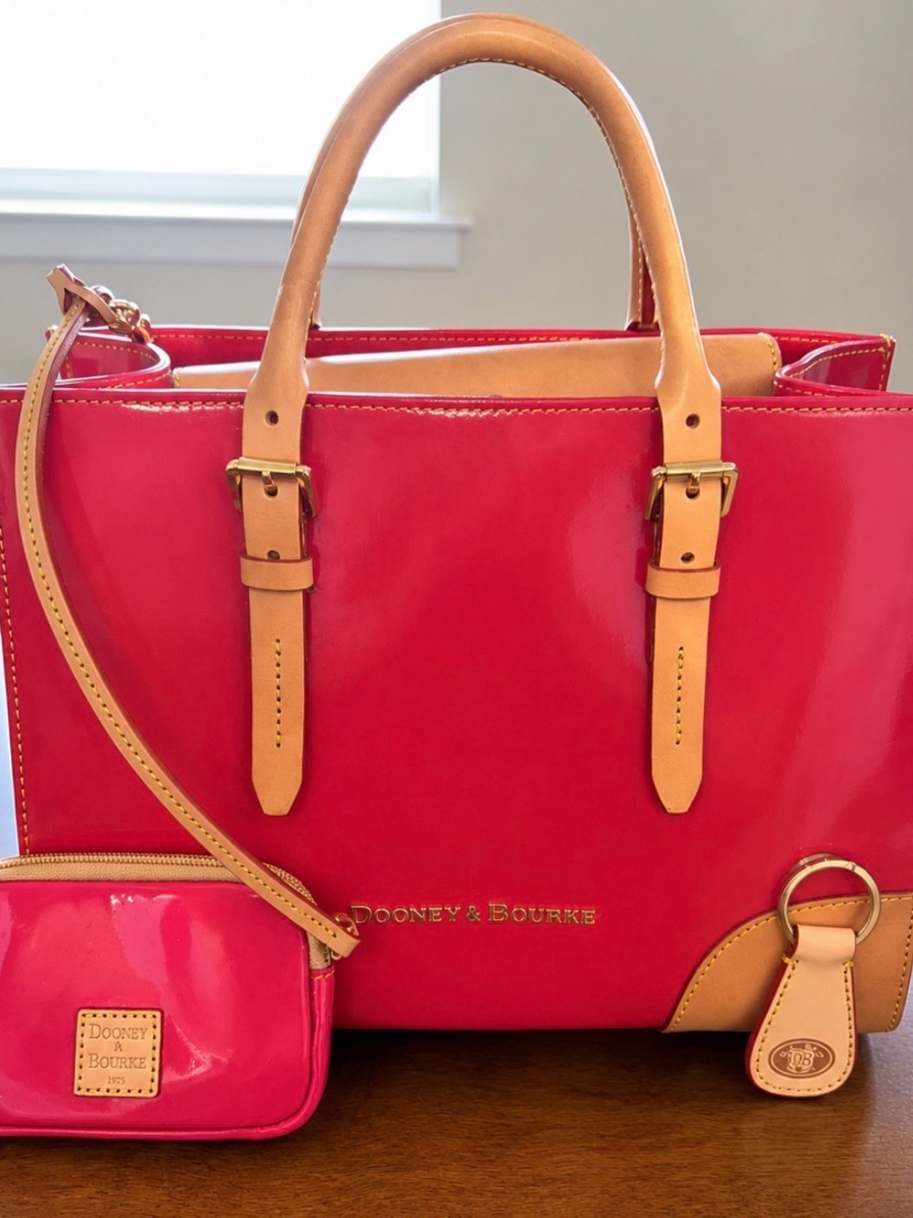 Dooney & Bourke Hot Pink Patent Leather Tote with Tan Trim